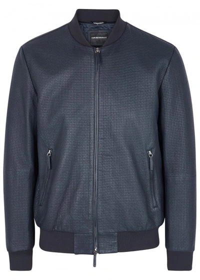 Shop Emporio Armani Navy Stitched Leather Jacket