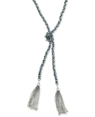 Shop Guess Silver-tone Woven Blue Twisted Tassel Necklace