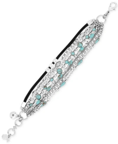 Shop Lucky Brand Silver-tone Multi-row Turquoise-look Bead And Leather Cord Bracelet