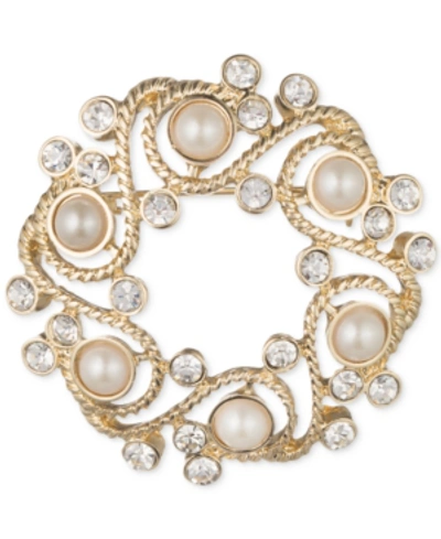 Shop Anne Klein Gold-tone Imitation Pearl And Crystal Wreath Pin, Created For Macy's