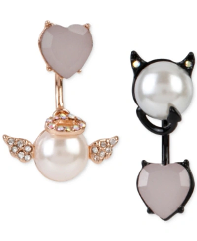 Shop Betsey Johnson Two-tone Faux-pearl And Crystal Angel And Devil Front And Back Mismatch Earrings
