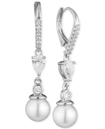 Shop Anne Klein Imitation Pearl And Crystal Drop Earrings In Silver