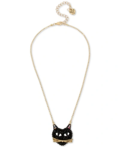 Betsey Johnson Two-tone Black Cat Pave Pendant Necklace In Black