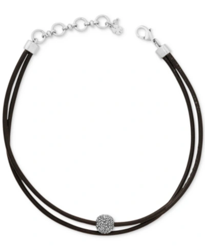 Shop Lucky Brand Silver-tone Black Leather Crystal Choker Necklace