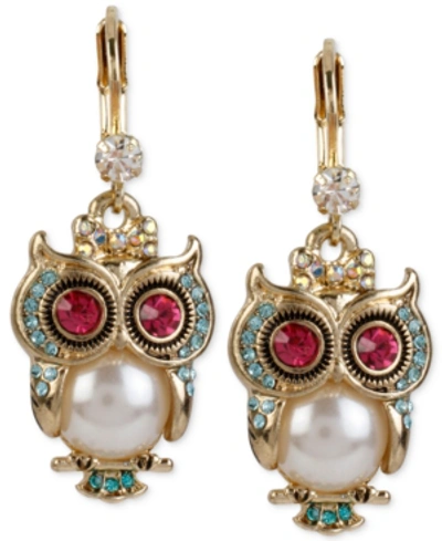 Shop Betsey Johnson Gold-tone Ornate Owl Drop Earrings