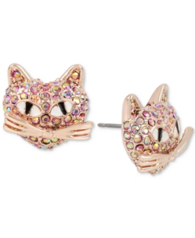 Shop Betsey Johnson Rose Gold-tone Pink Pave Cat Stud Earrings