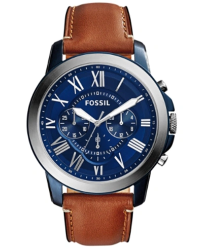 Shop Fossil Men's Chronograph Grant Light Brown Leather Strap Watch 44mm Fs5151 In Ss/ Blue Ip Mixed Material
