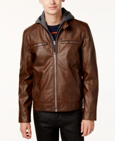 Shop Guess Men's Faux-leather Detachable-hood Motorcycle Jacket In Brown