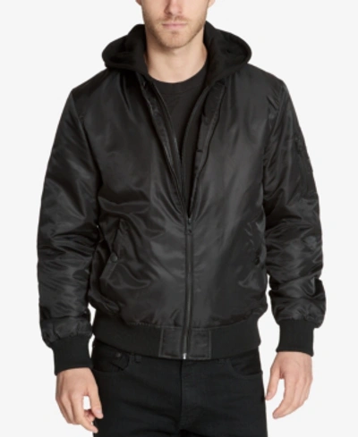 Shop Guess Men's Bomber Jacket With Removable Hooded Inset In Black