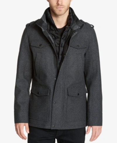 Shop Guess Men's Military-inspired Coat With Plaid Detail, Created For Macy's In Charcoal