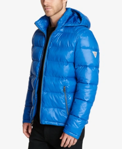Shop Guess Men's Hooded Puffer Coat In Bright Blue