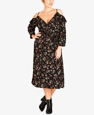 Shop City Chic Trendy Plus Size Floral-print Surplice Cold-shoulder Dress In Pretty Floral