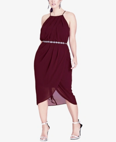 Shop City Chic Trendy Plus Size Belted Faux-wrap Midi Dress In Garnet