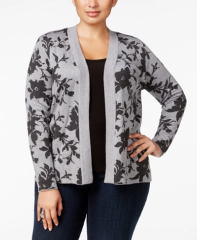 Shop Belldini Plus Size Jacquard-knit Floral Cardigan In Heather Grey/charcoal