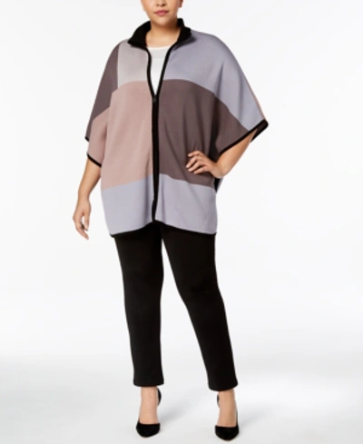 Shop Anne Klein Plus Size Colorblocked Zip-front Poncho Sweater In Black/summit Blue