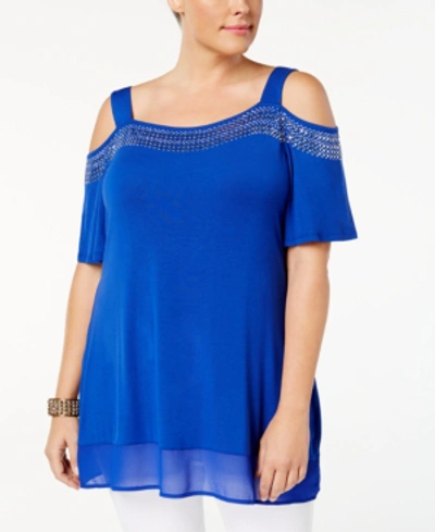 Shop Belldini Plus Size Cold-shoulder Top In Cobalt