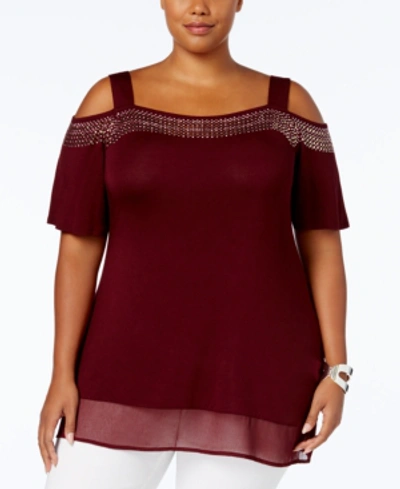 Shop Belldini Plus Size Cold-shoulder Top In Black Cherry