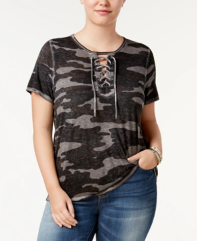 Shop Lucky Brand Plus Size Lace-up T-shirt In Grey Multi