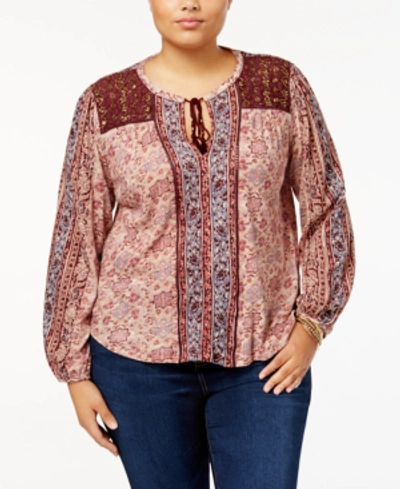 Shop Lucky Brand Trendy Plus Size Embellished Peasant Top In Red Multi