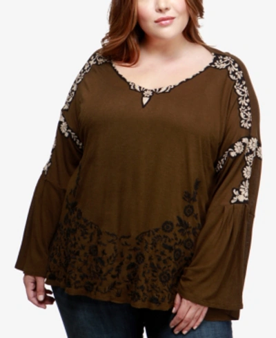 Shop Lucky Brand Trendy Plus Size Embroidered Bell-sleeve Top In Olive