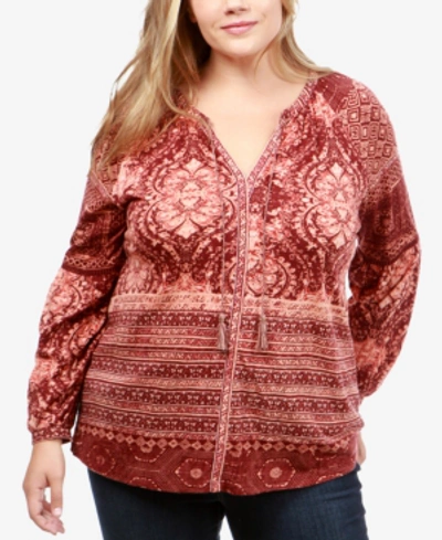 Shop Lucky Brand Trendy Plus Size Mixed-print Peasant Top In Burgandy Multi