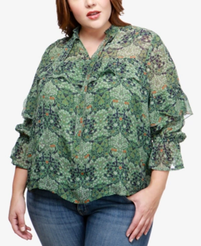 Shop Lucky Brand Trendy Plus Size Ruffled Top In Green Multi