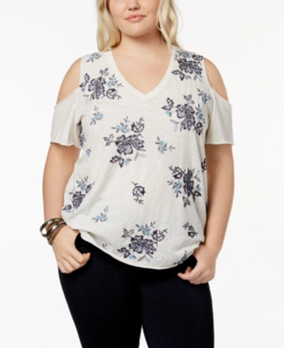 Shop Lucky Brand Trendy Plus Size Cotton Embroidered T-shirt In Blue Multi