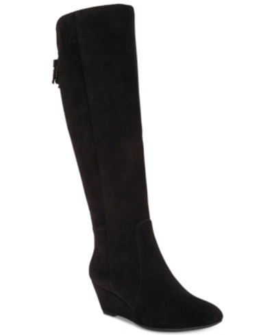 Shop Anne Klein Azriel Wide-calf Wedge Boots In Black Suede