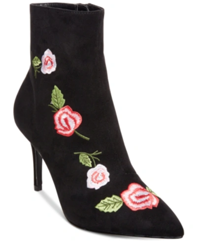 Shop Betsey Johnson Estelle Pointed-toe Embroidery Booties Women's Shoes In Black