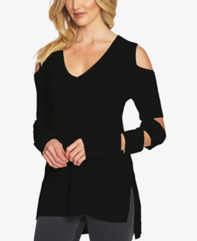 Shop 1.state Cotton Sleeve-cutout High-low Sweater In Rich Black
