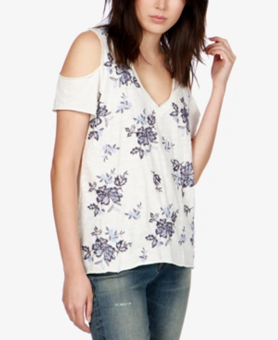 Shop Lucky Brand Cotton Embroidered Cold-shoulder T-shirt, Created For Macy's In Blue Multi