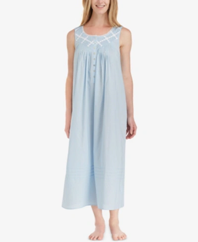 Shop Eileen West Lace-trimmed Cotton Ballet-length Nightgown In Blue