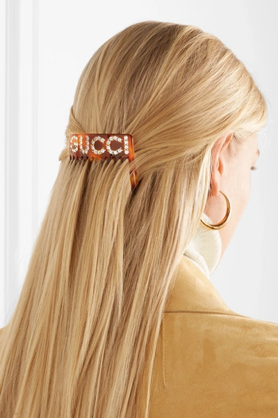 Shop Gucci Resin And Crystal Hair Slide In Tortoiseshell