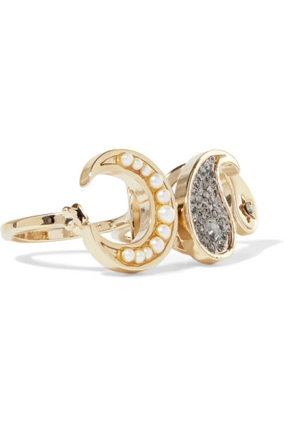 Shop Etro Gold-tone, Crystal, Enamel And Faux Pearl Two-finger Ring