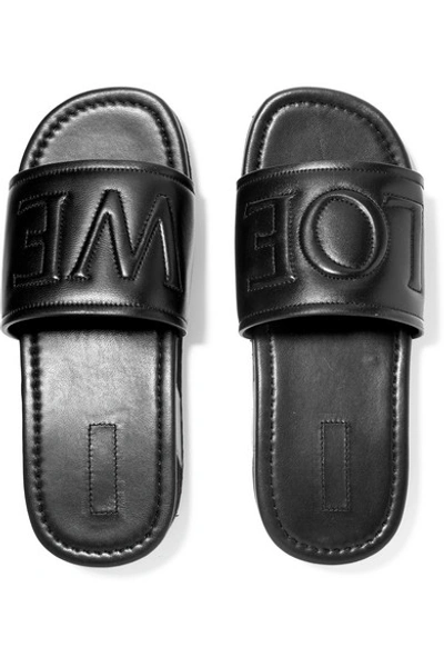 Shop Loewe Logo-embossed Leather Slides In Black