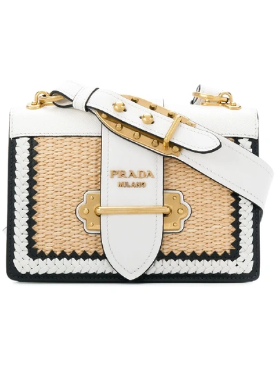 Prada Cahier Whipstitched Leather And Raffia Shoulder Bag In White |  ModeSens