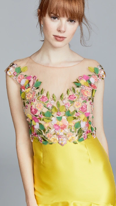 Shop Marchesa Notte Cap Sleeve High Low Embroidered Dress In Yellow