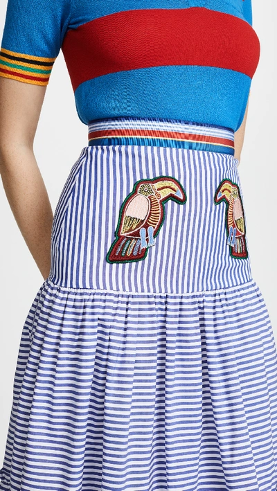 Shop Stella Jean Maxi Tiered Skirt With Parrots In Dark Blue Stripe