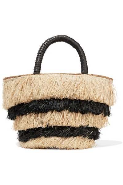 Shop Kayu Pinata Mini Leather-trimmed Fringed Straw Tote In Black