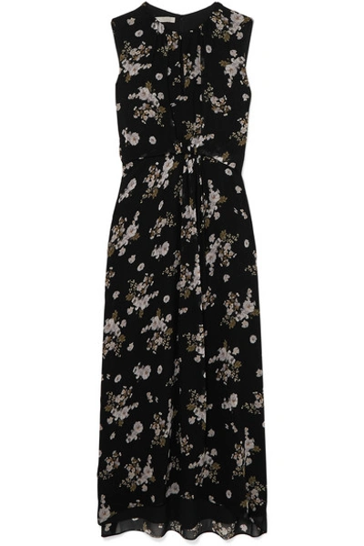 Shop Vince Asymmetric Floral-print Silk Dress In Black