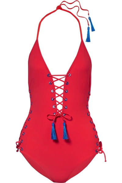 Shop Emma Pake Carlotta Tasseled Lace-up Swimsuit In Red