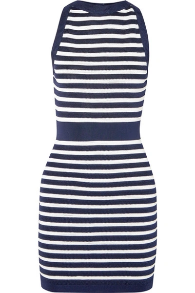 Shop Balmain Striped Stretch-knit Mini Dress In Navy