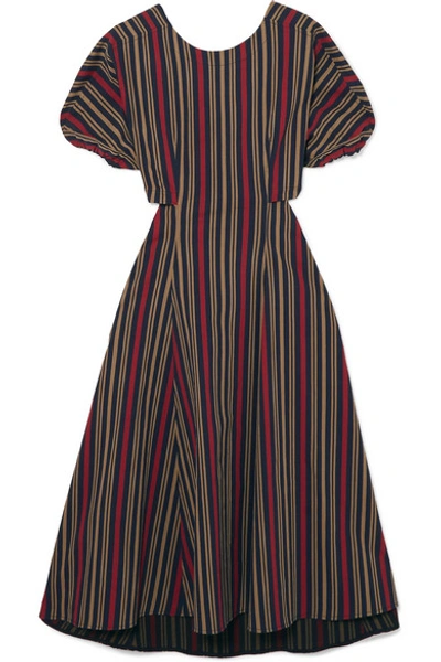 Shop Tome Open-back Striped Cotton-blend Midi Dress In Navy