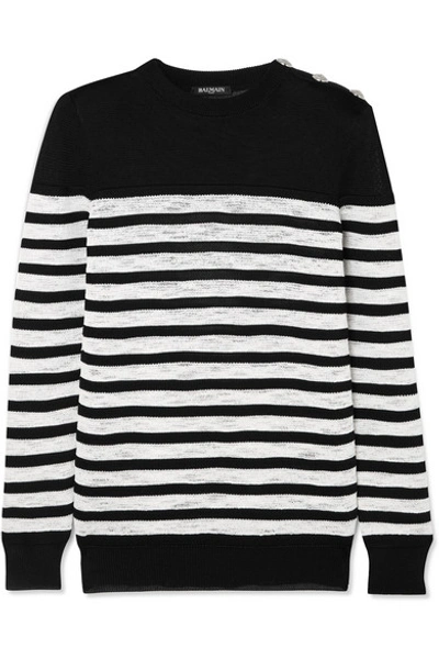 Shop Balmain Button-embellished Striped Open-knit Sweater In Black