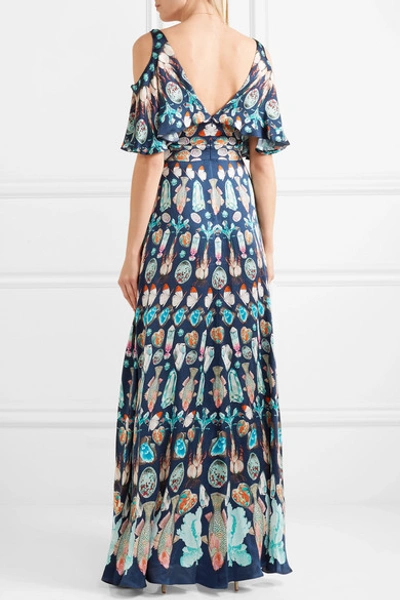 Shop Temperley London Quartz Cold-shoulder Printed Silk Crepe De Chine Gown In Blue