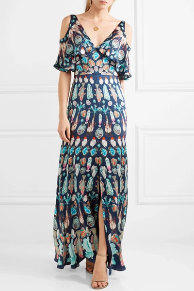 Shop Temperley London Quartz Cold-shoulder Printed Silk Crepe De Chine Gown In Blue