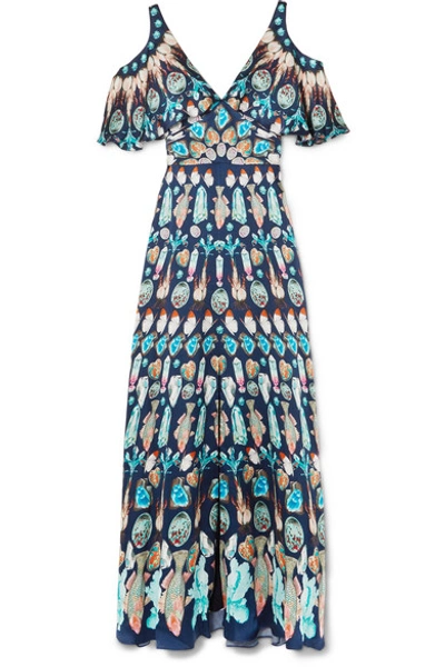 Shop Temperley London Quartz Cold-shoulder Printed Silk Crepe De Chine Gown In Blue