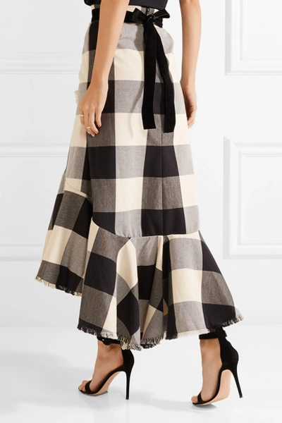Shop Johanna Ortiz Asymmetric Frayed Ruffled Gingham Cotton-blend Midi Skirt In Black