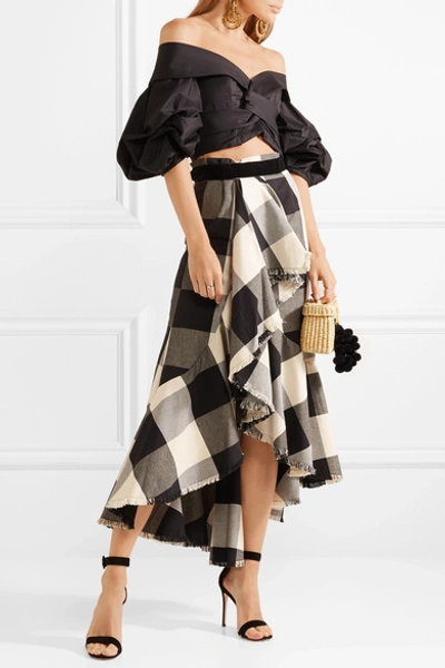 Shop Johanna Ortiz Asymmetric Frayed Ruffled Gingham Cotton-blend Midi Skirt In Black