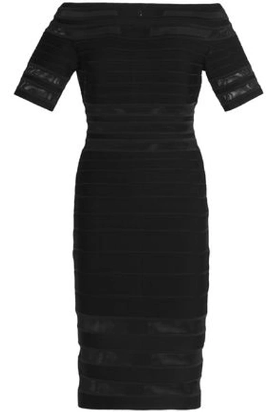 Shop Hervé Léger By Max Azria Off-the-shoulder Mesh-paneled Bandage Dress In Black